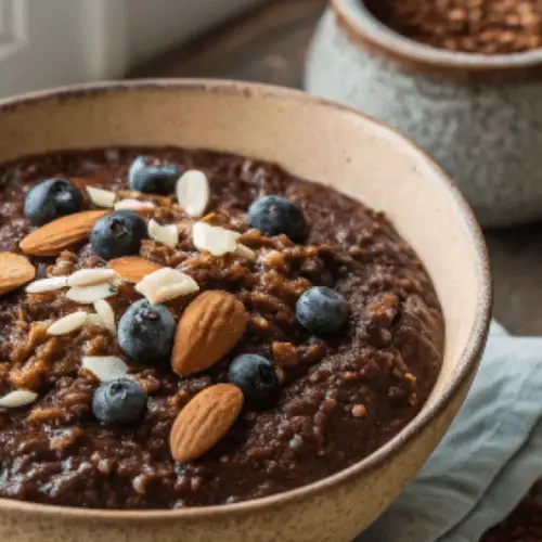 Dark chocolate quinoa porridge in a breakfast bowl