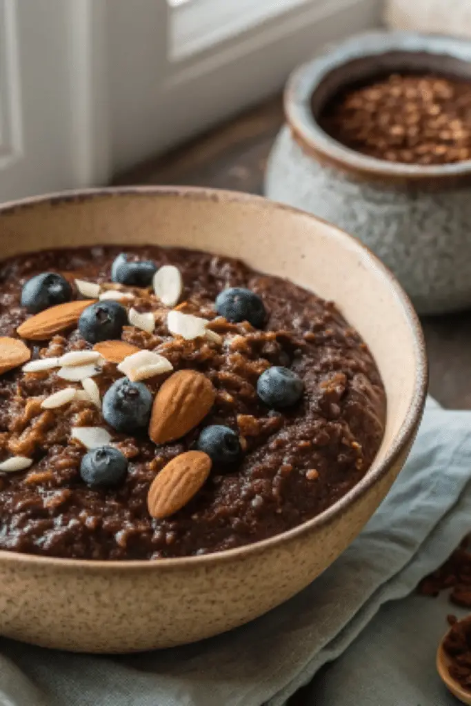 Dark chocolate quinoa porridge in a breakfast bowl