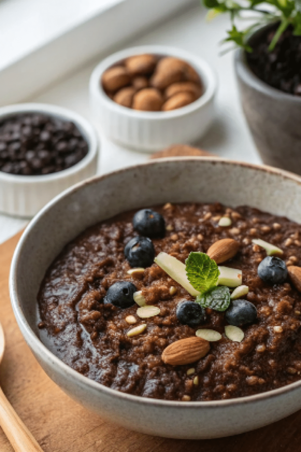 Dark chocolate quinoa porridge simmering in a pot