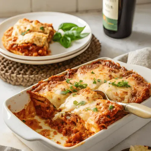 easy beef lasagna baked until bubbly and golden