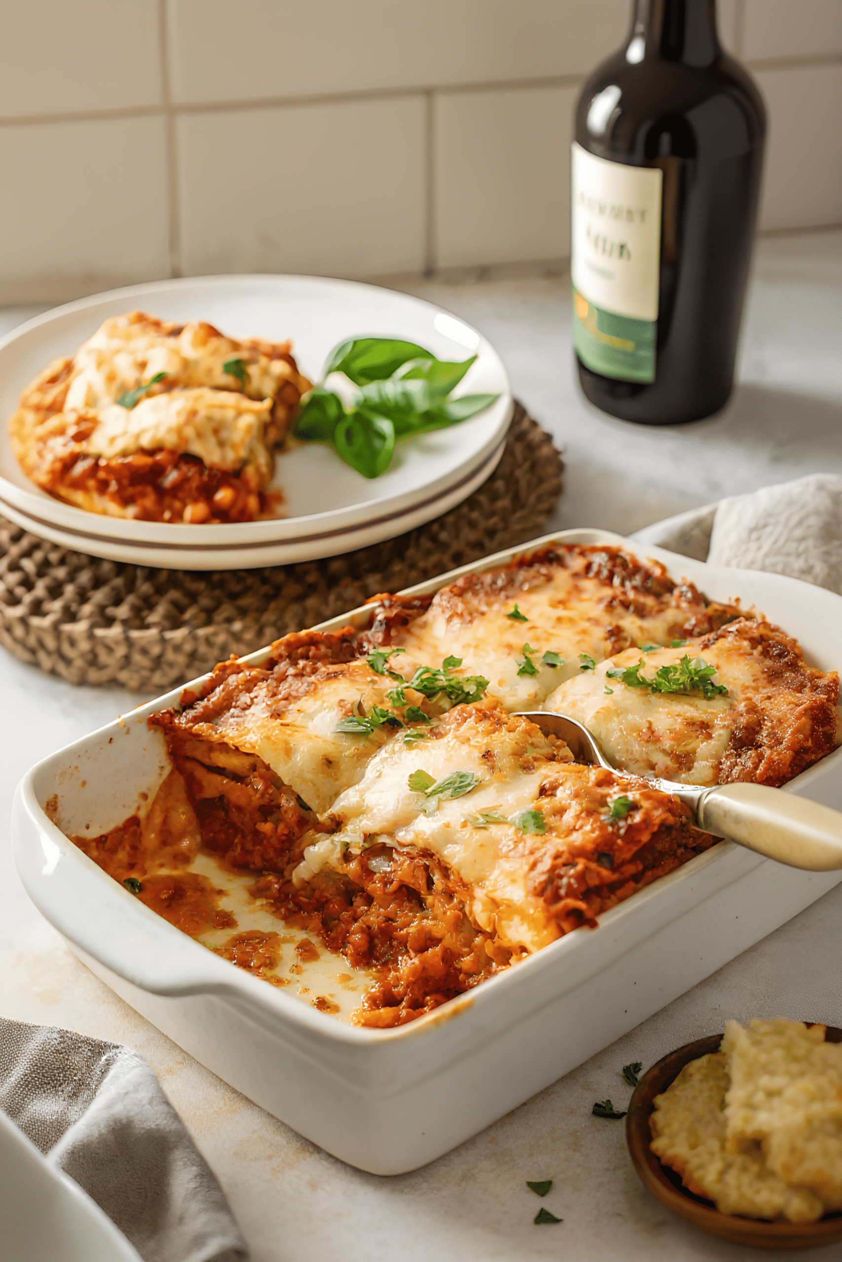 easy beef lasagna baked until bubbly and golden