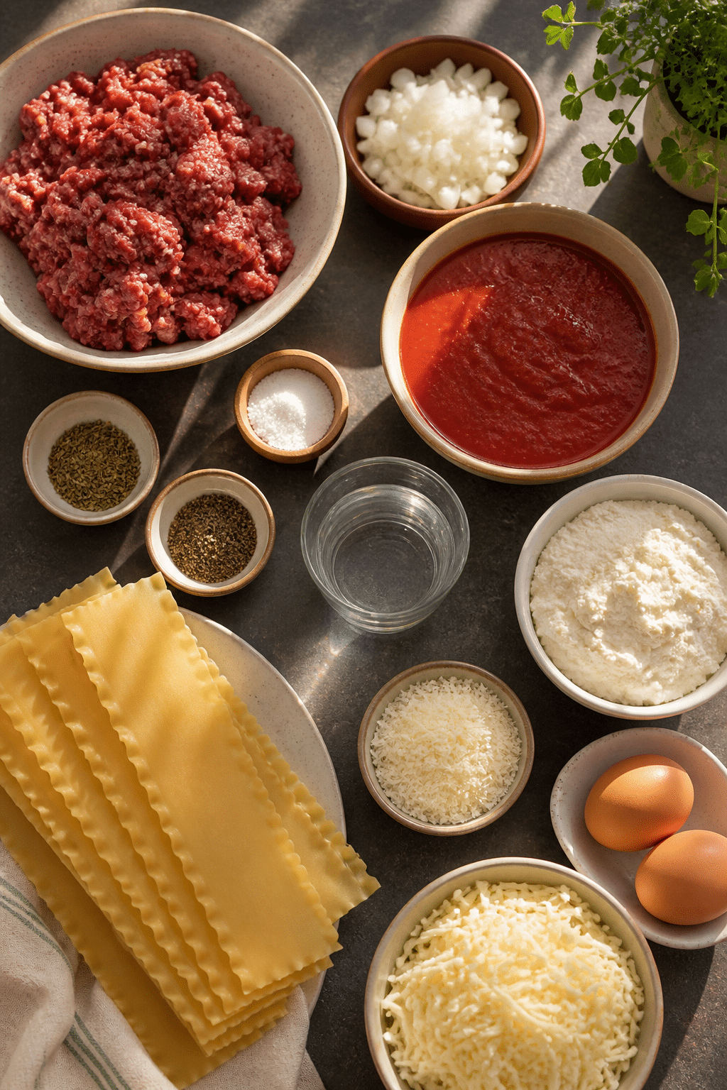 easy beef lasagna ingredients measured on a dark kitchen counter