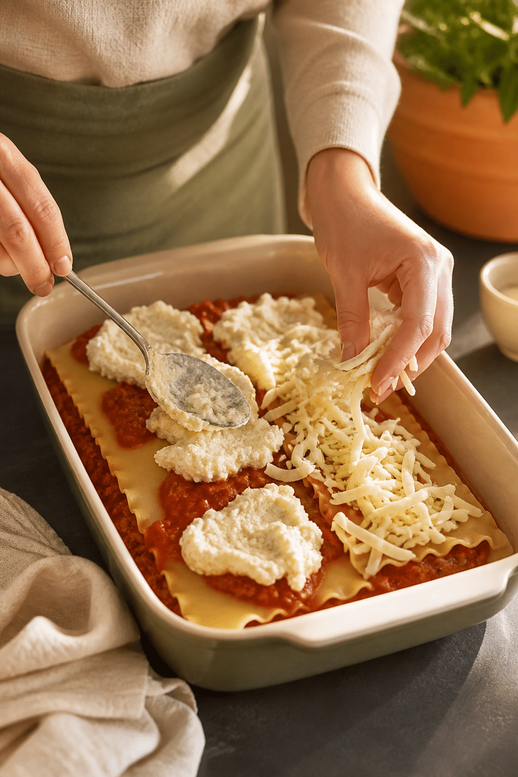 easy beef lasagna being layered with ricotta and mozzarella