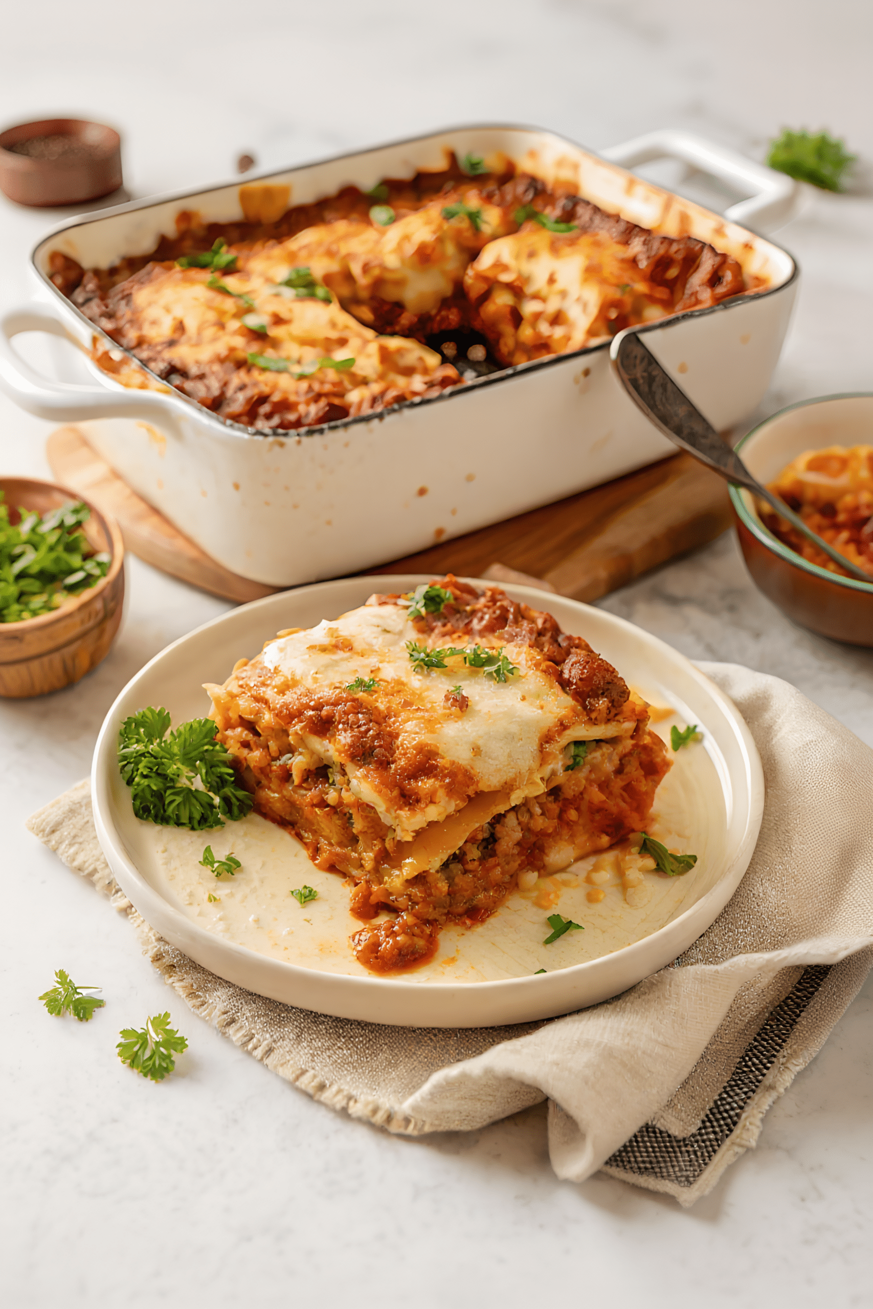 slice of easy beef lasagna showing beef sauce and cheese layers