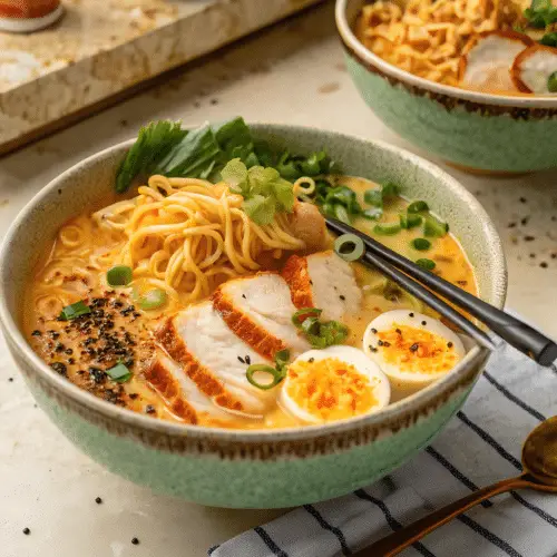 Fiery Chicken Ramen with Creamy Garlic Sauce finished dish