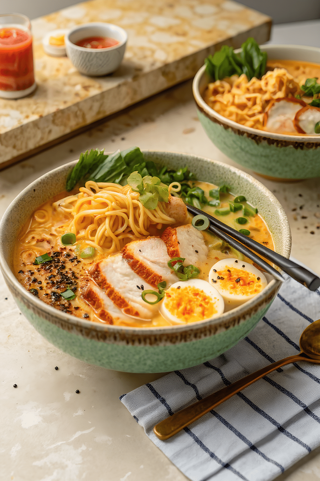 Fiery Chicken Ramen with Creamy Garlic Sauce finished dish