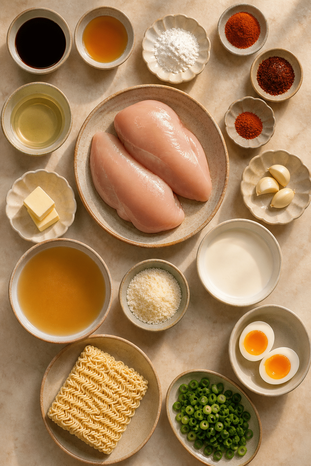 fiery chicken ramen ingredients arranged for preparation