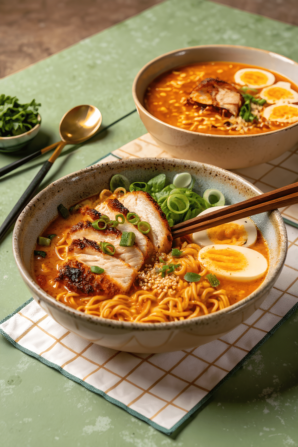 Close view of finished fiery chicken ramen
