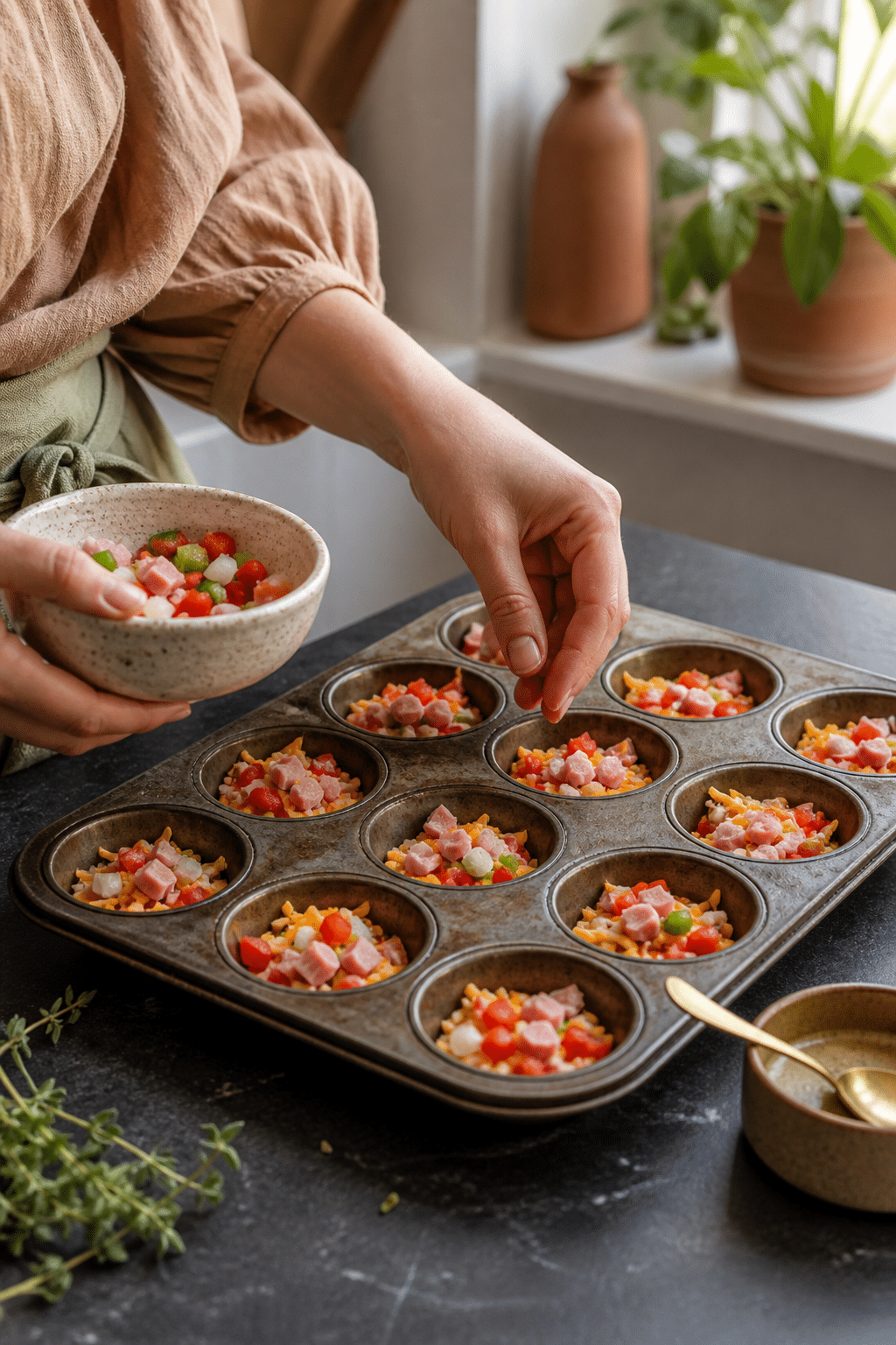 Preparing freezer friendly egg muffins in the reserved kitchen scene