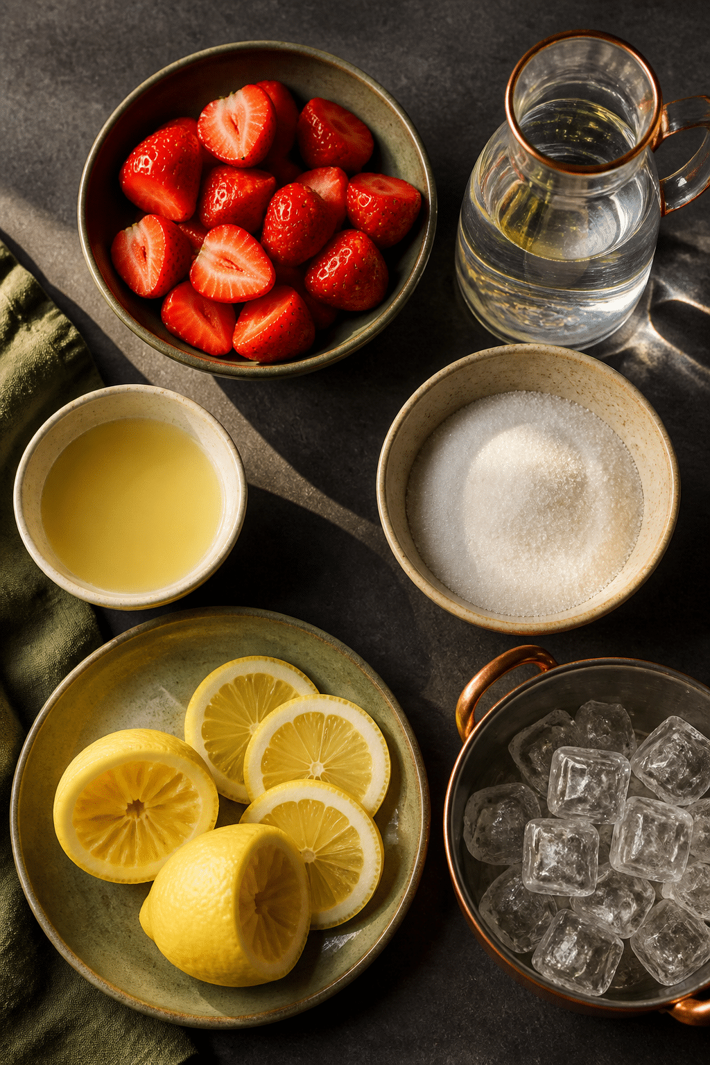 Ingredients arranged for fresh strawberry lemonade