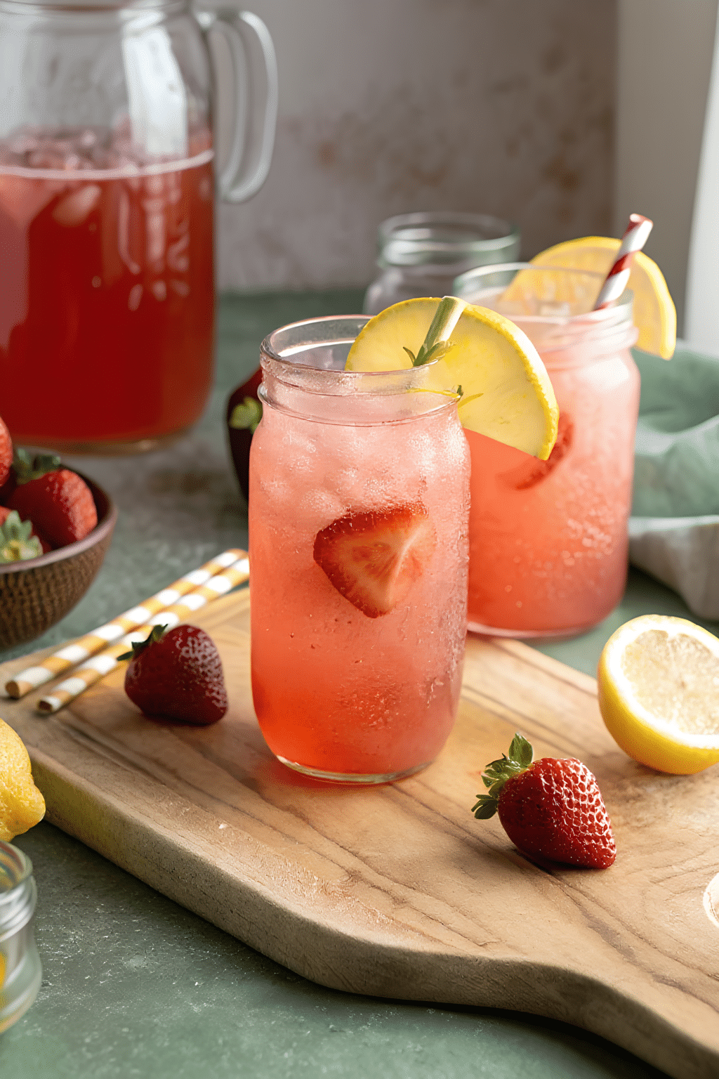 Close view of the finished fresh strawberry lemonade