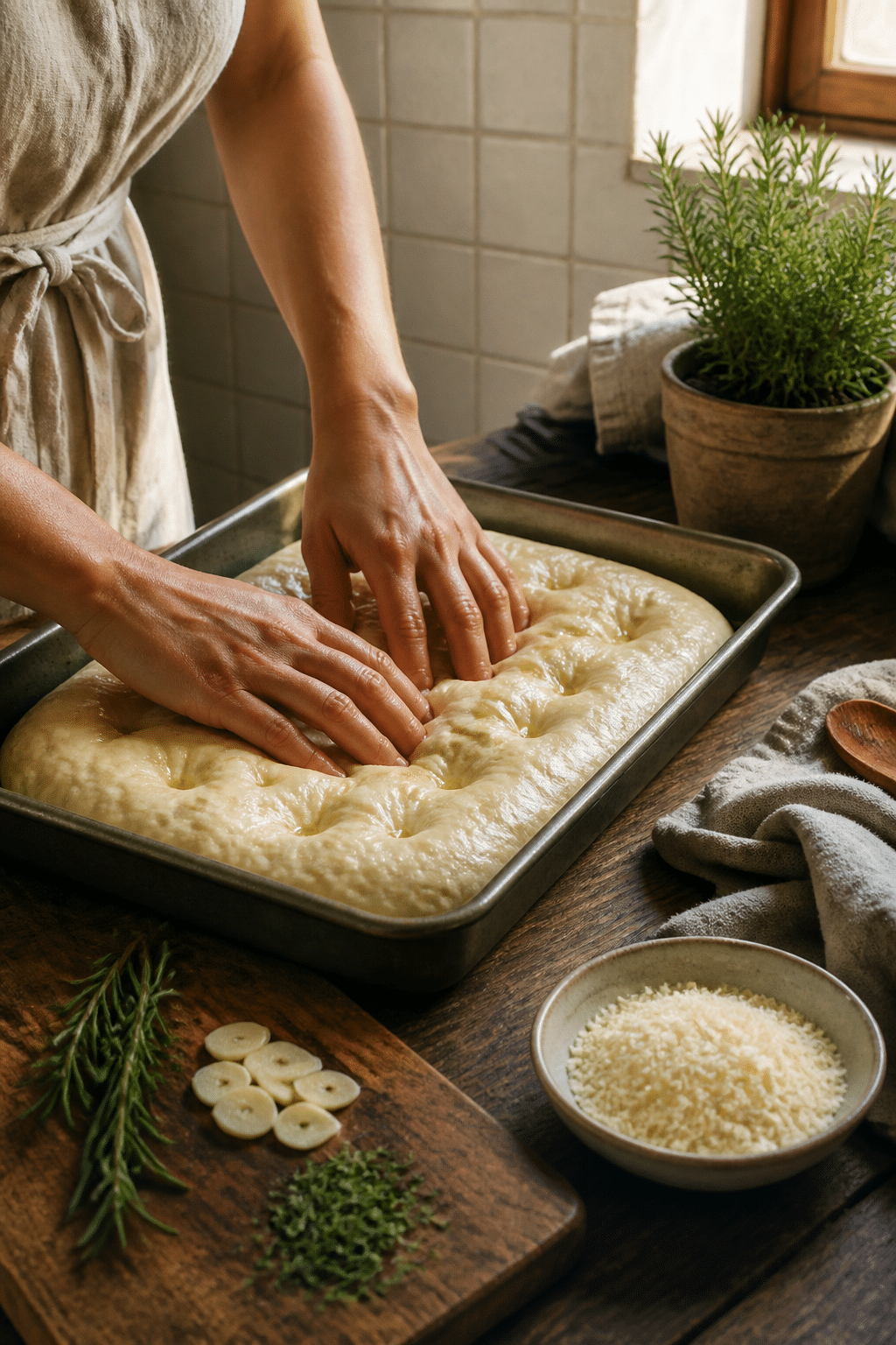 Dimpling focaccia dough before baking