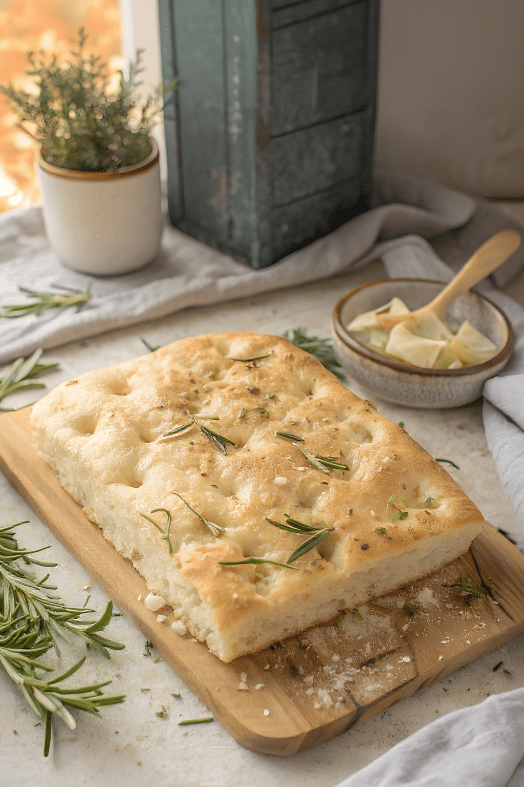 Airy garlic rosemary focaccia slice
