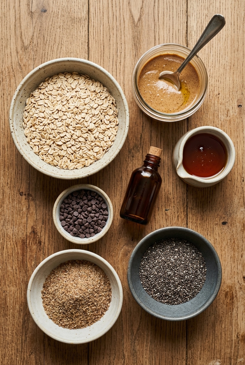 Measured ingredients for gluten free chocolate chip energy balls