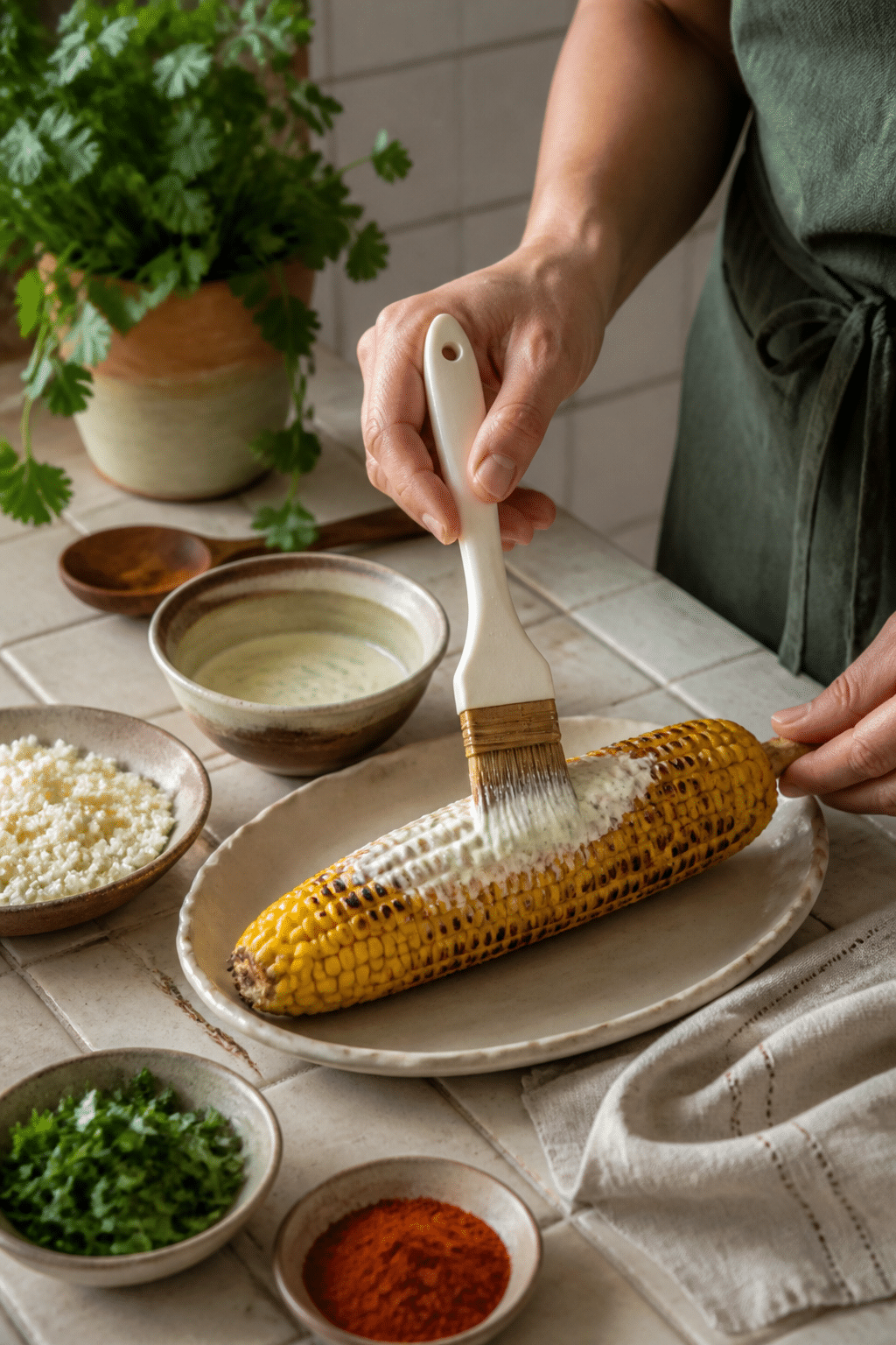 Brushing lime crema onto grilled corn