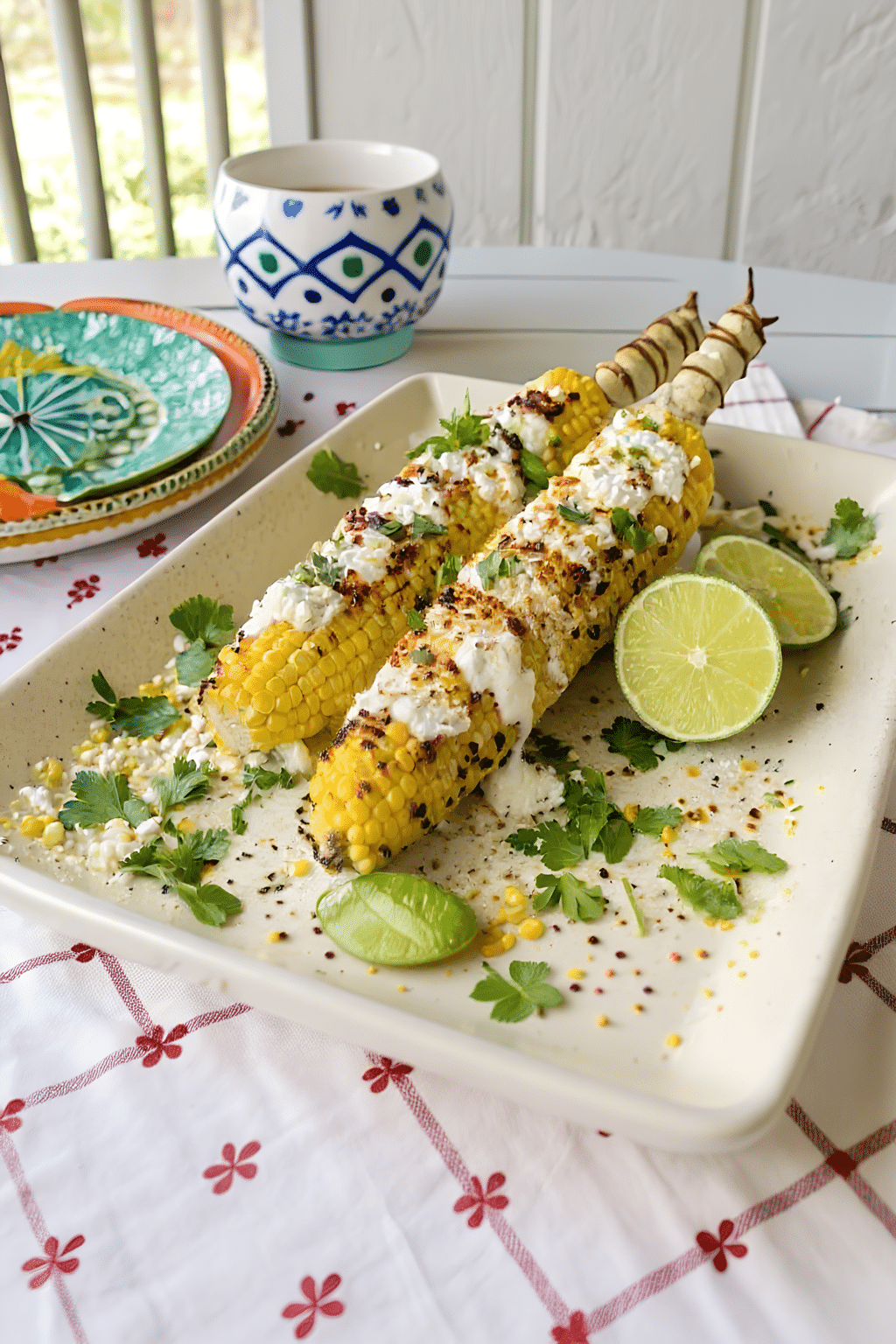 Close charred elote with Cotija cheese