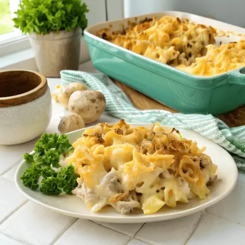 Finished grown up tuna noodle casserole in the reserved kitchen scene