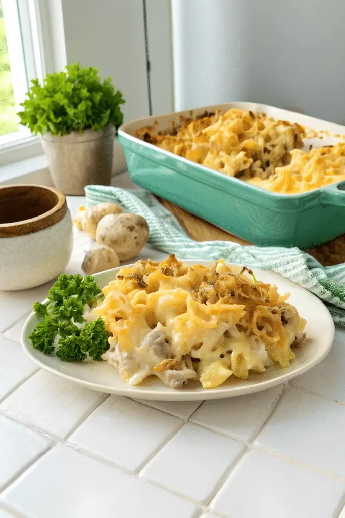Finished grown up tuna noodle casserole in the reserved kitchen scene