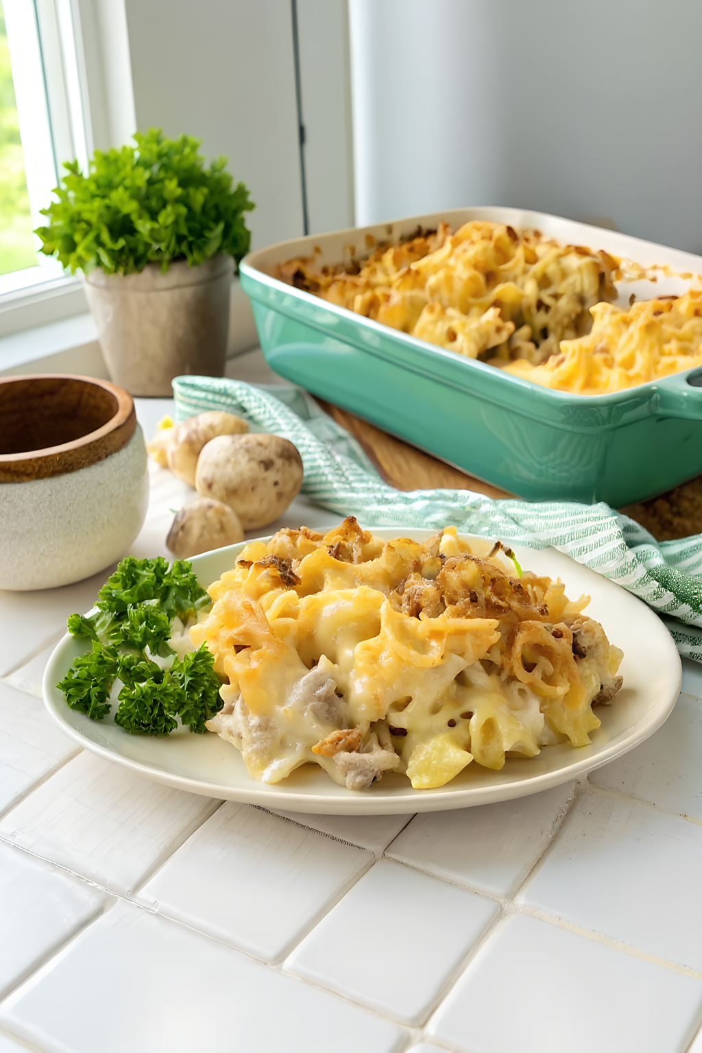 Finished grown up tuna noodle casserole in the reserved kitchen scene