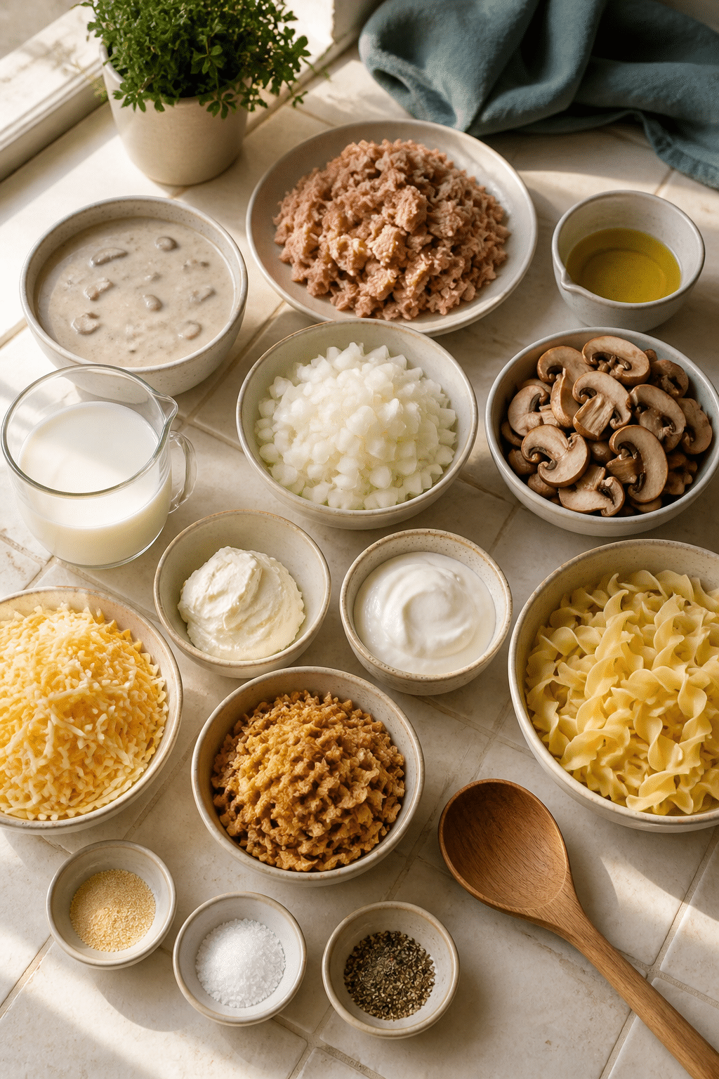 Ingredients measured for grown up tuna noodle casserole