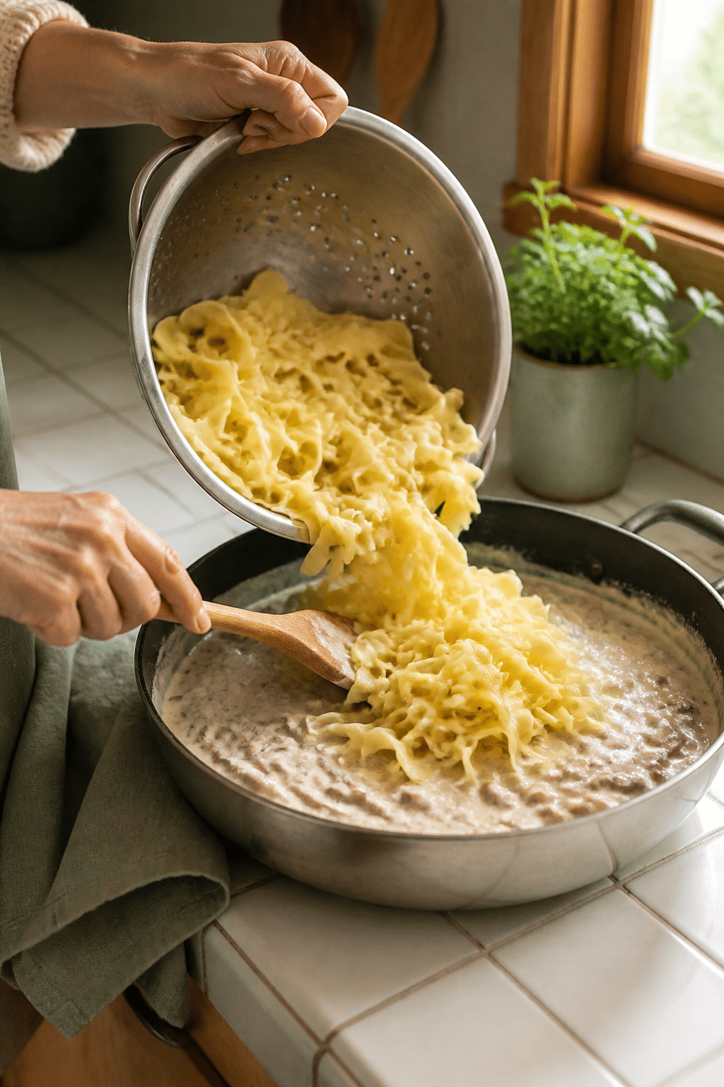 Preparing grown up tuna noodle casserole in the reserved kitchen scene