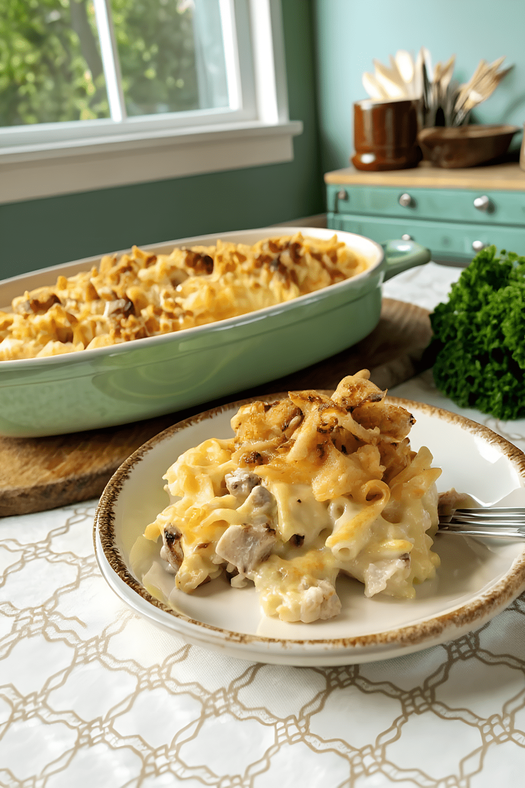 Close view of the finished grown up tuna noodle casserole