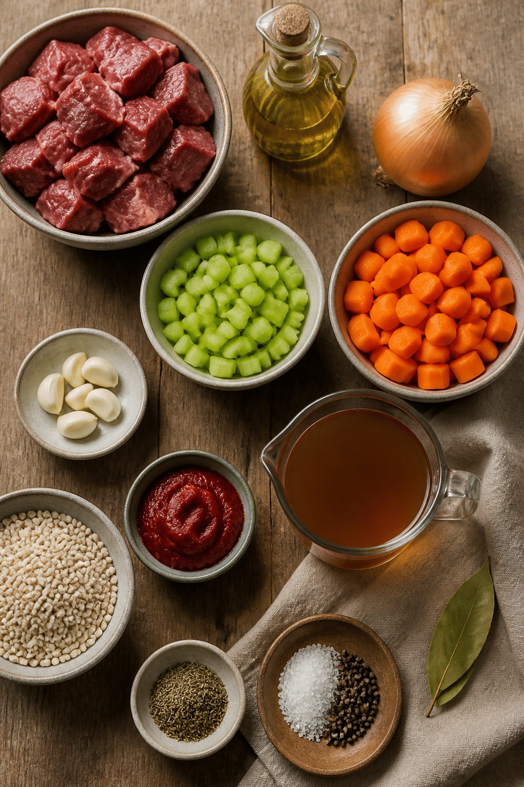 hearty beef barley stew ingredients on oak