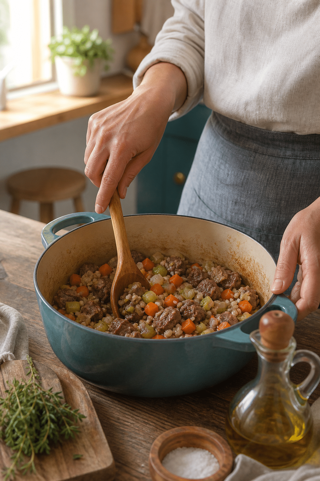 Beef and vegetables simmering in a Dutch oven