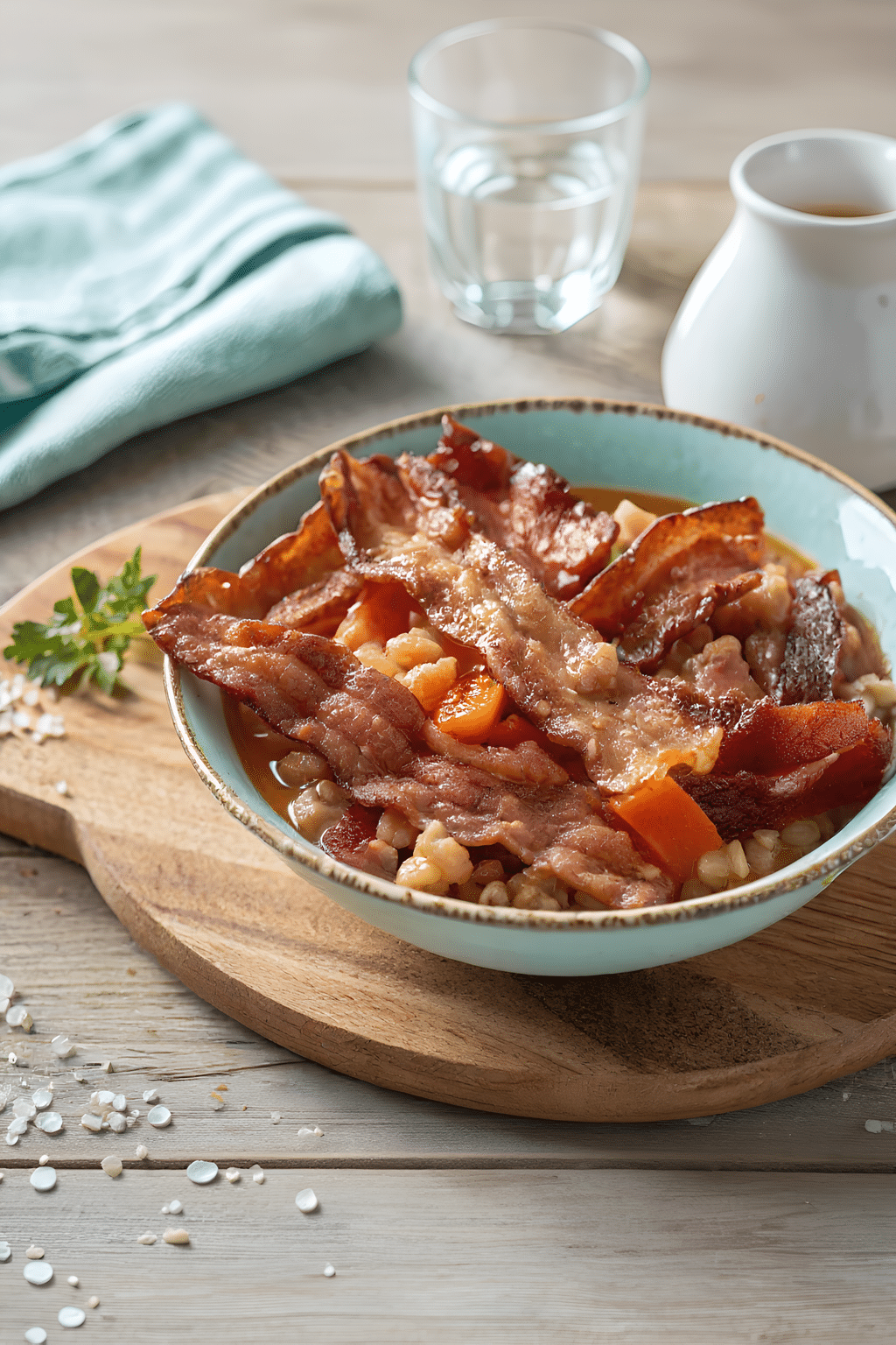 Close serving of beef barley stew