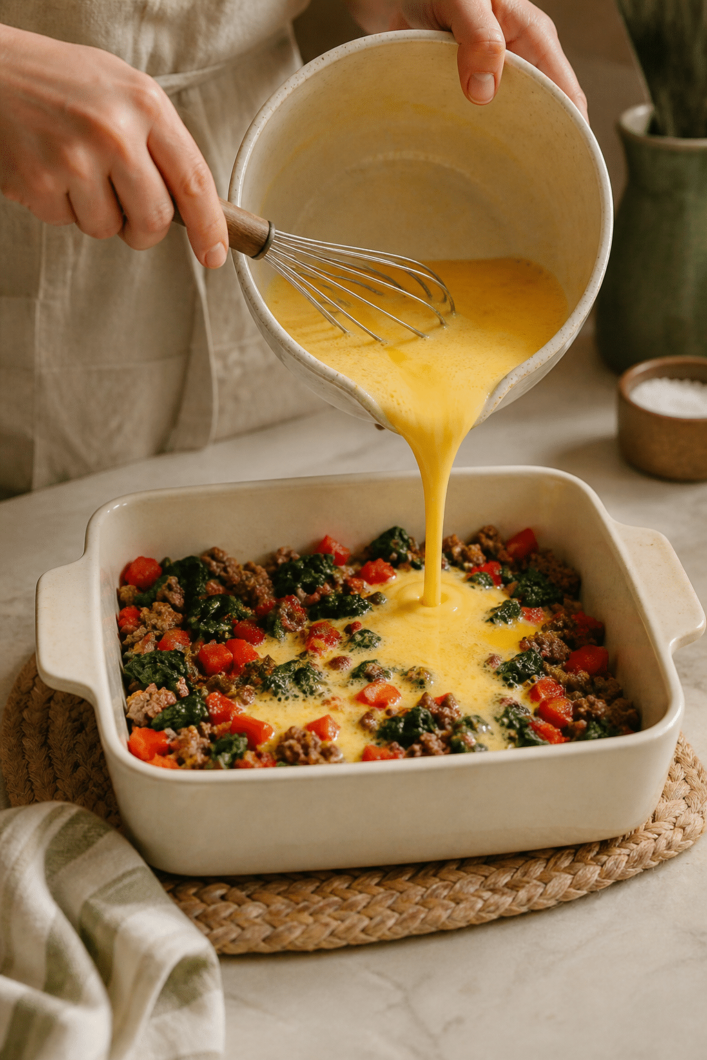 Egg mixture poured over sausage and spinach