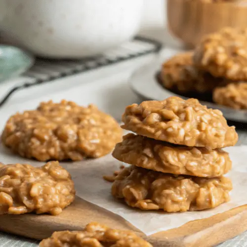 Peanut butter no bake cookies arranged on a ceramic plate