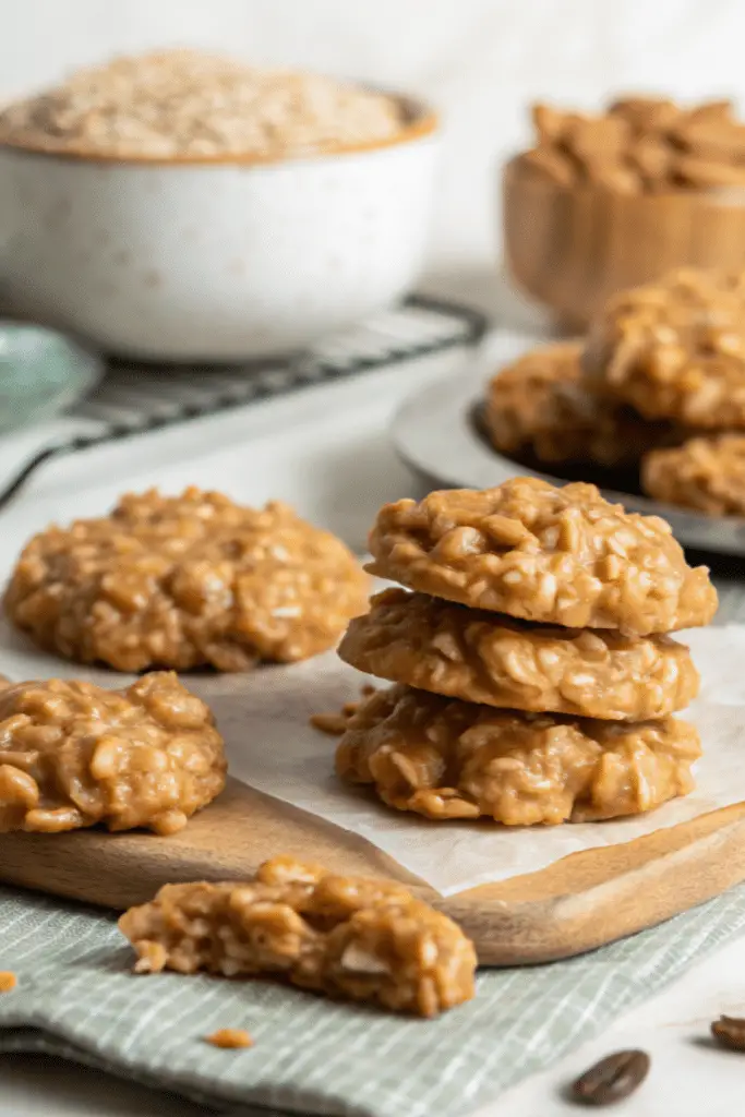 Peanut butter no bake cookies arranged on a ceramic plate