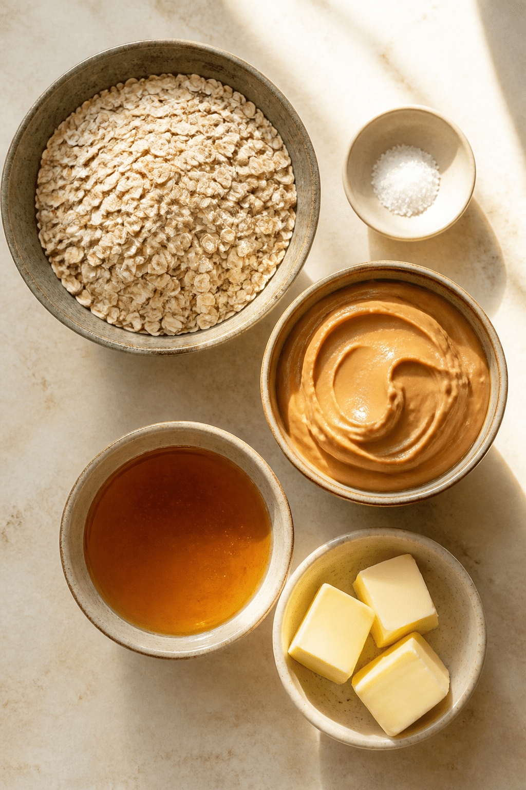 Peanut butter no bake cookies ingredients measured on a warm kitchen counter