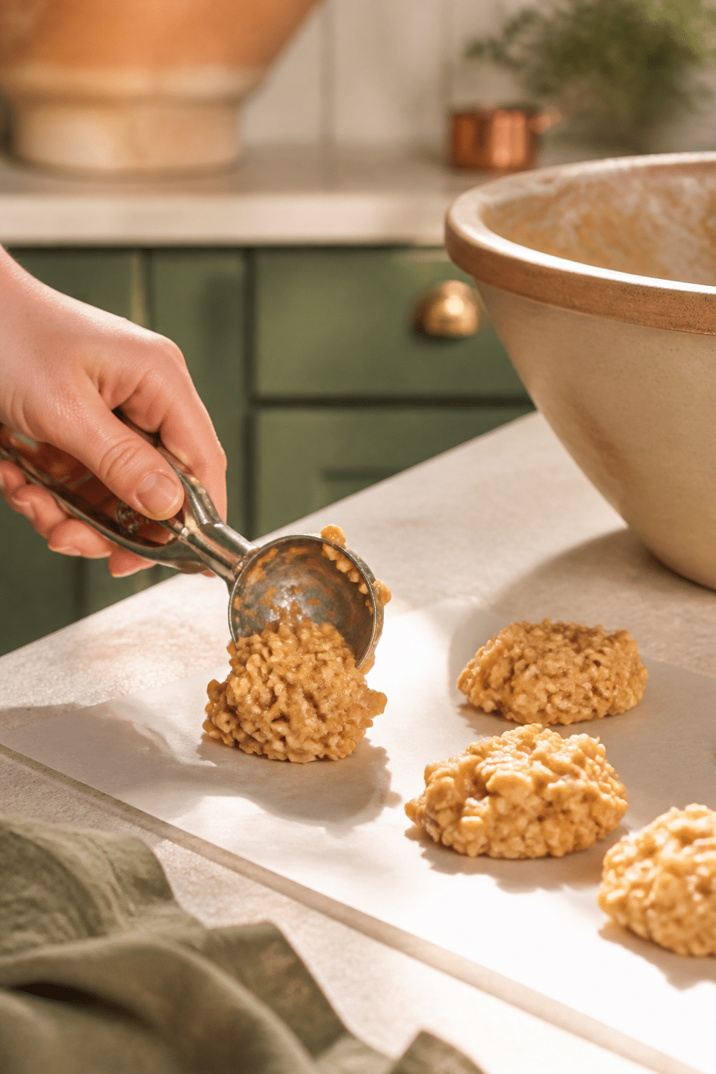 Peanut butter oatmeal cookie portions being scooped onto parchment