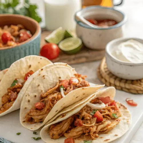 Finished shredded chicken tacos in the reserved cottage kitchen scene