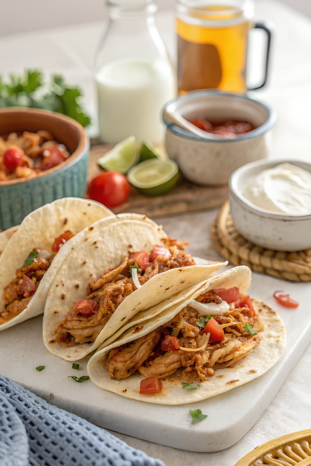 Finished shredded chicken tacos in the reserved cottage kitchen scene