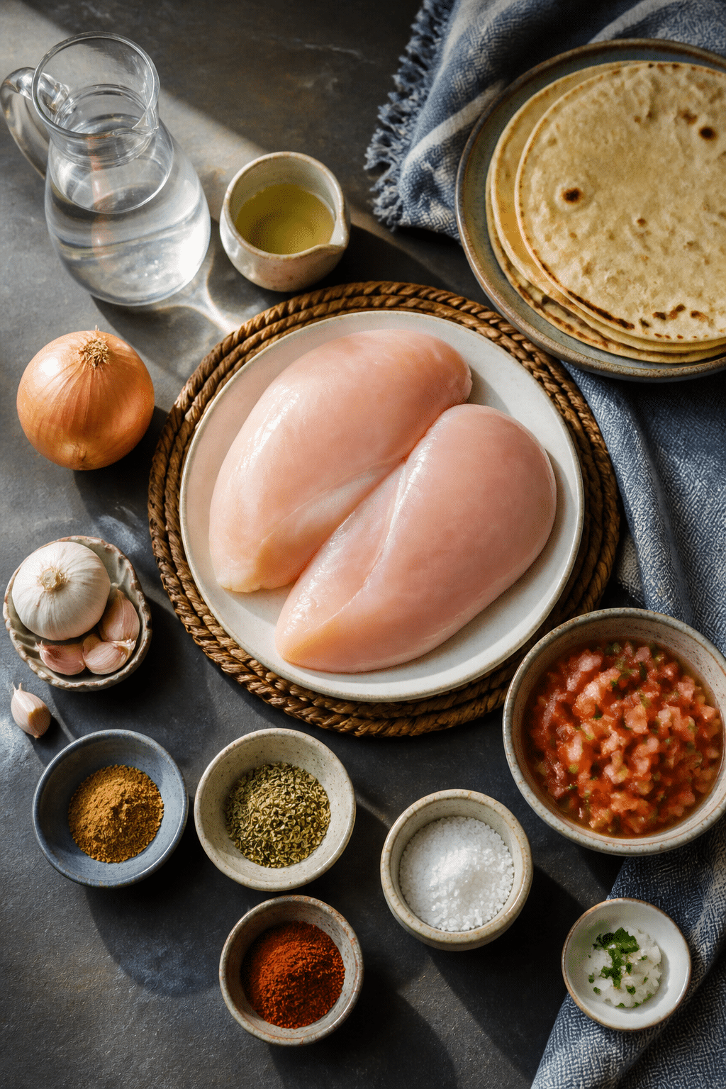 Ingredients measured for shredded chicken tacos