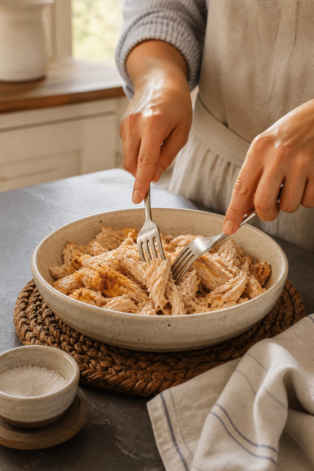 Shredding warm cooked chicken with two forks