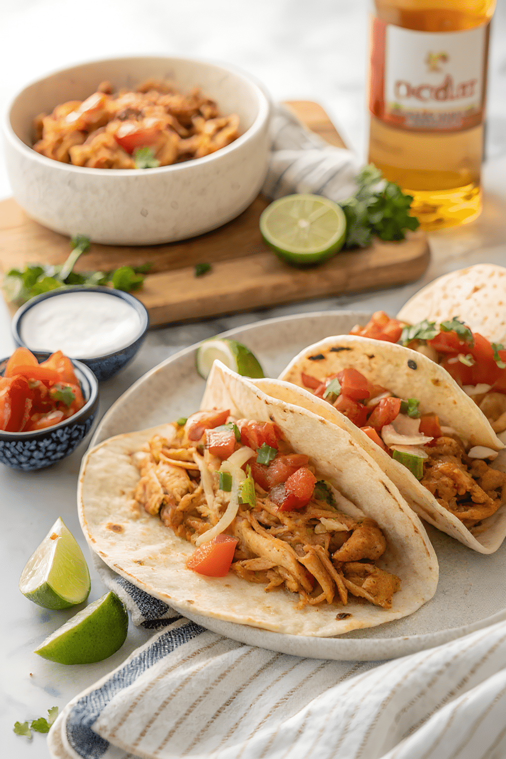 Close view of juicy shredded chicken tacos