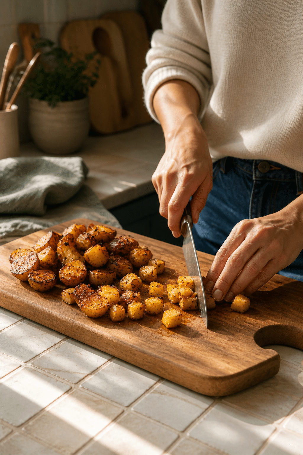 Preparing skillet breakfast potatoes in the reserved kitchen scene