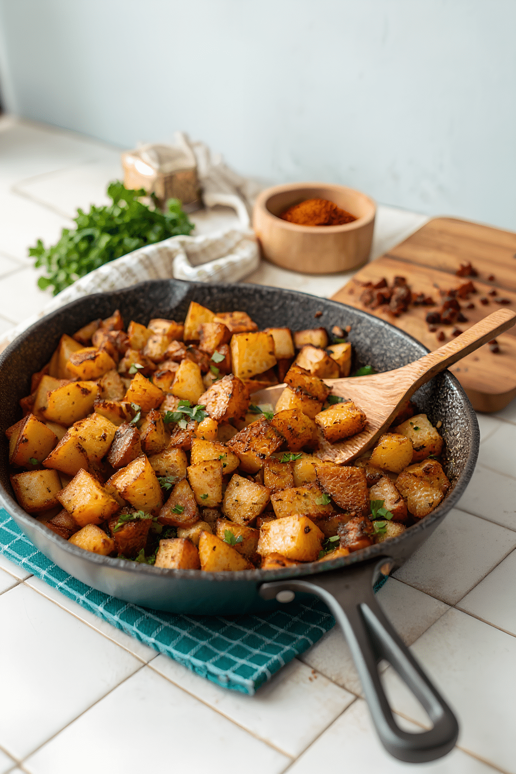 Close view of finished skillet breakfast potatoes