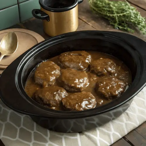 Finished slow cooker Salisbury steak in the reserved kitchen scene