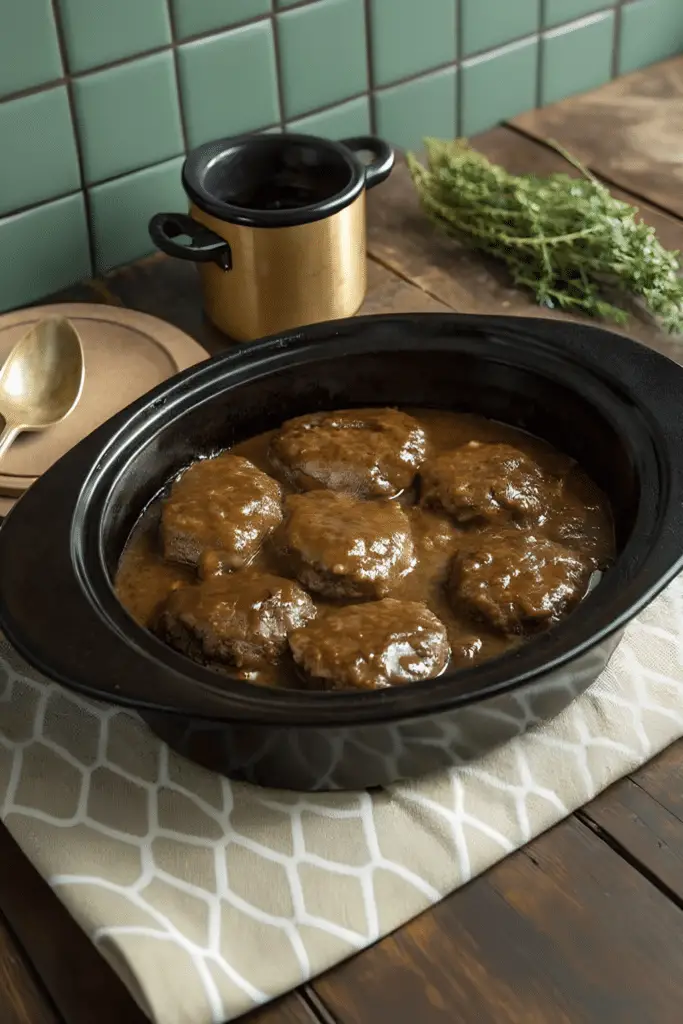 Finished slow cooker Salisbury steak in the reserved kitchen scene