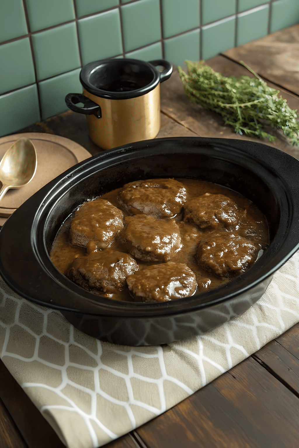 Finished slow cooker Salisbury steak in the reserved kitchen scene
