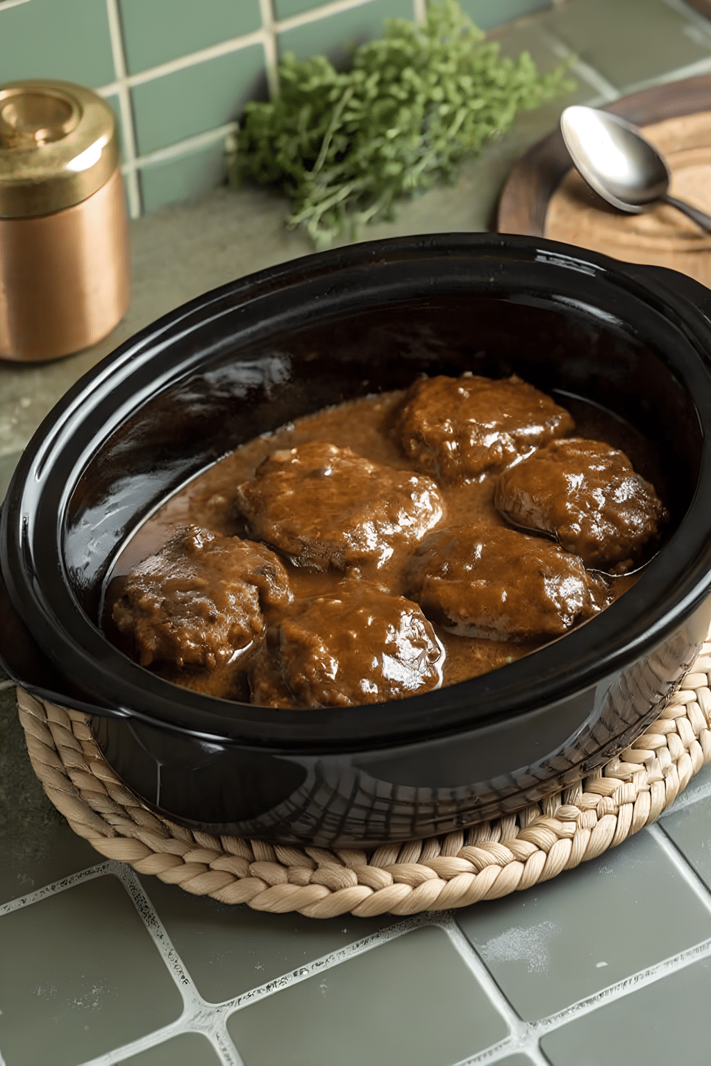 Close view of the finished slow cooker Salisbury steak