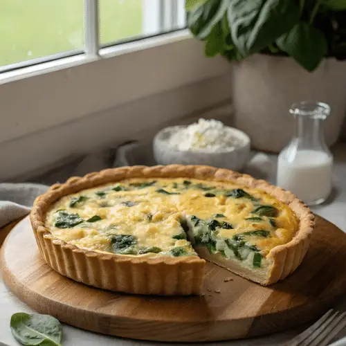 Finished spinach feta quiche in the reserved kitchen scene