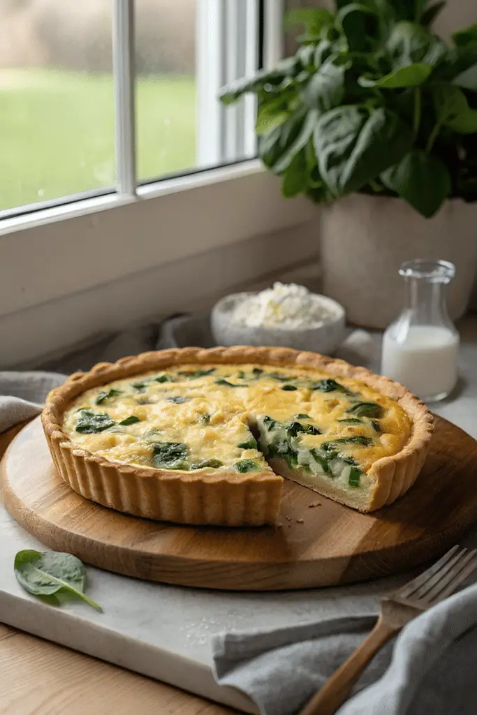 Finished spinach feta quiche in the reserved kitchen scene