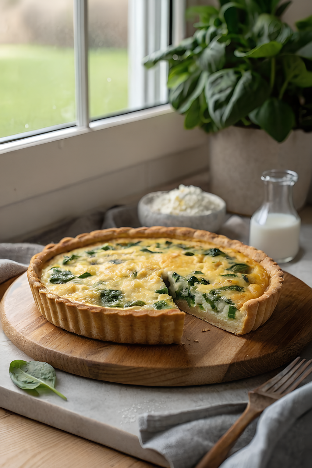 Finished spinach feta quiche in the reserved kitchen scene