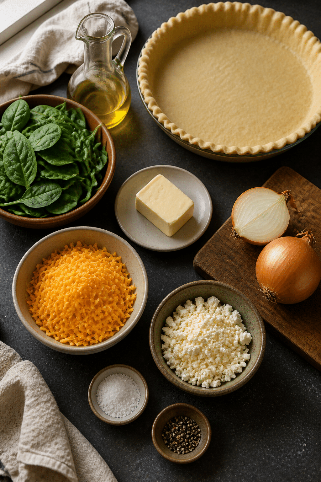 Ingredients measured for spinach feta quiche