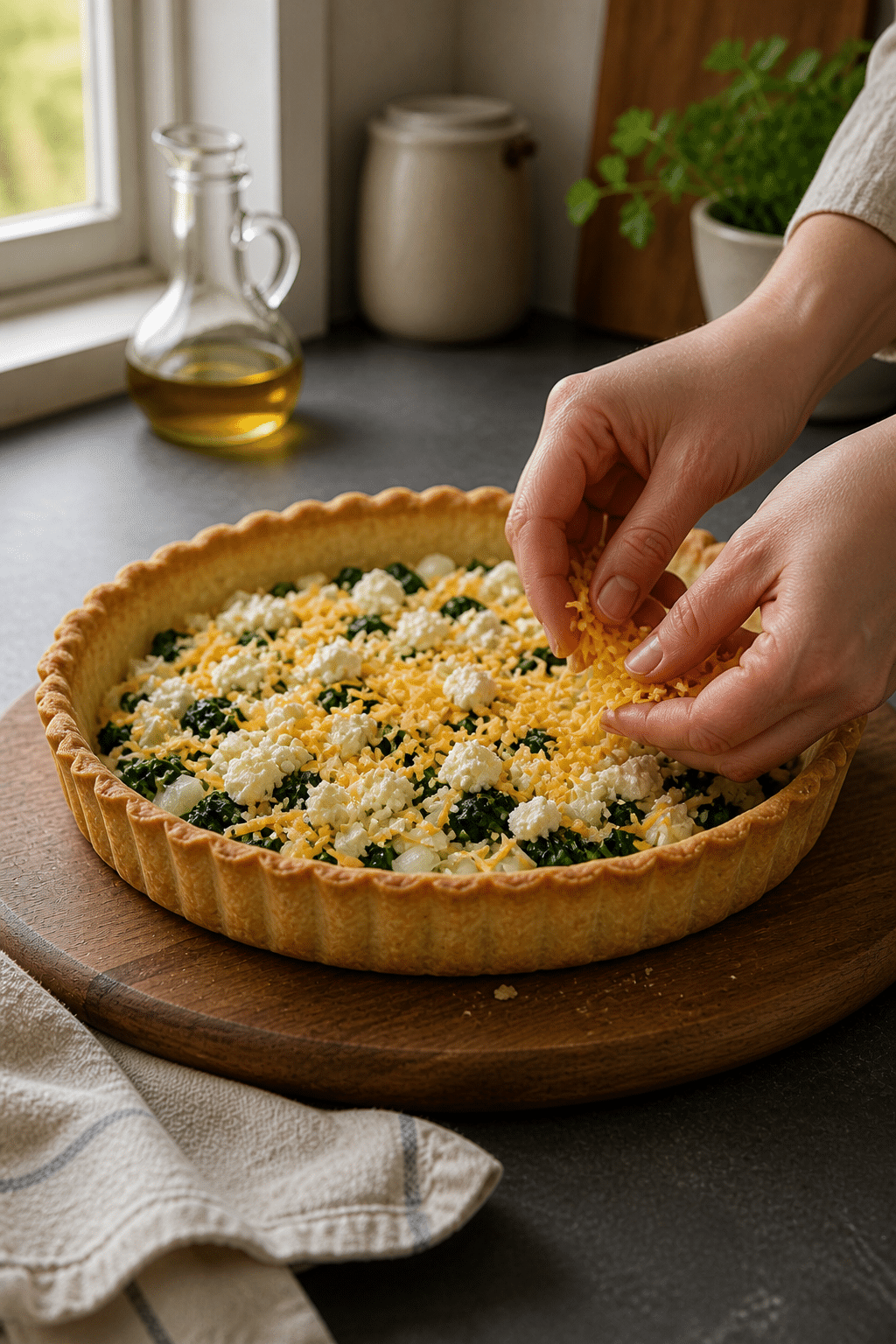 Preparing spinach feta quiche in the reserved kitchen scene